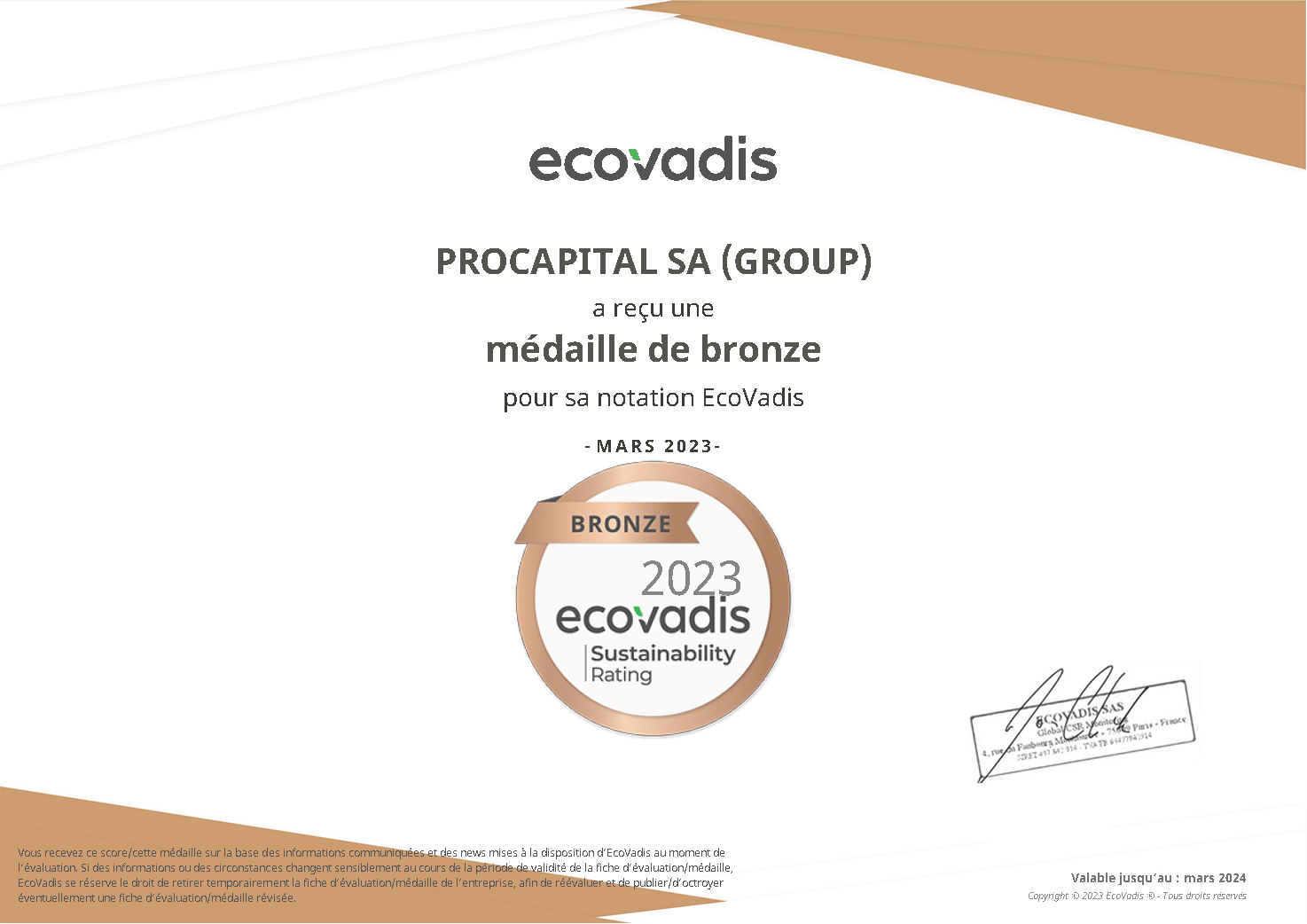 procapital sa (group) ecovadis rating certificate 2023 06 07